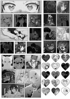 an anime storyboard with many different pictures and words on it, including two hearts