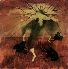 an abstract painting with two bulls running through the air, in front of a red sky