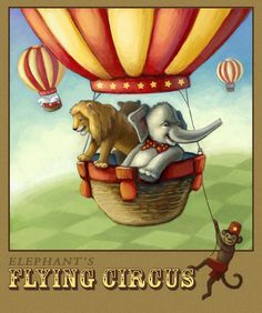 an elephant riding on top of a hot air balloon with other animals in the background