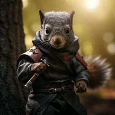 a squirrel in a leather outfit holding a knife