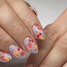 Summer Biab Nail Ideas, Two Finger Nail Art, Nail Designs Every Nail Different, Short Nails Fruit, Summer Minimal Nails, Fruit Acrylic Nails Design, Little Fruit Nails, Nails One Finger Design, French Tip Fruit Nails