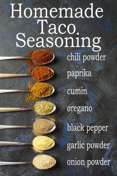 the ingredients for homemade taco seasoning in spoons on a chalkboard background