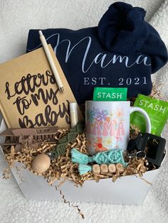 a gift box filled with personal items for mom