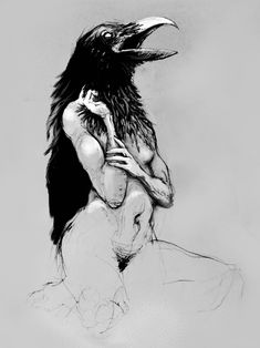 a black and white drawing of a person with a crow head