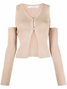 Beige cut-out knitted cardigan from ROKH featuring knitted construction, cut-out detailing, ribbed cuffs, long sleeves, front button fastening and V-neck. Fitted Luxury Beige Cardigan, Luxury Long Sleeve Ribbed Cardigan, Luxury Long Sleeve Knit Top, Luxury Long-sleeve Ribbed Outerwear, Farfetch Knit Top, Ribbed Cardigan, Knitted Tops, Kpop Fashion Outfits, Fashion Design Clothes