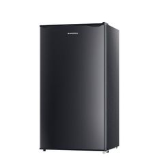 a black refrigerator freezer sitting on top of a white wall