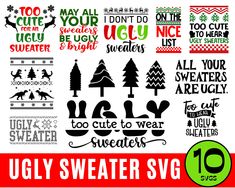 ugly sweater svg cut files for christmas and other holiday designs, including snowflakes