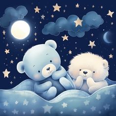 two teddy bears are sitting in the sky with stars and moon behind them, one is hugging the other