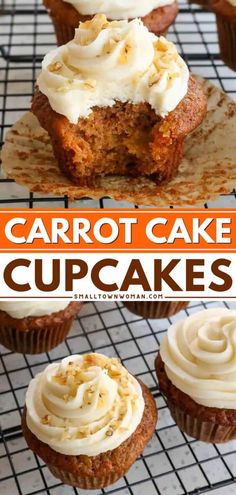 carrot cake cupcakes with cream cheese frosting on top