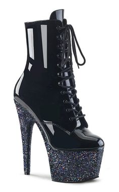 ADORE-1020LG Black Multi Glitter Ankle Boots-Pleaser-Tragic Beautiful Lady Gaga Shoes, Glitter Ankle Boots, Pleaser Heels, Pleaser Shoes, Lace Up High Heels, Couture Shoes, Black Platform Boots, Prom Shoes, Platform Ankle Boots