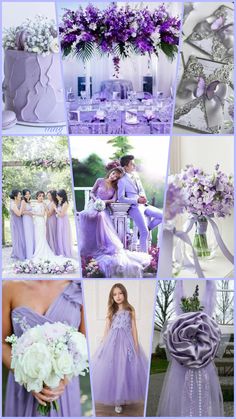 a collage of purple and white wedding colors