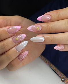 Pink Seashell Nails, Pink Birthday Nails Almond, Pink Long Almond Nails, Vacation Acrylics, Pink Summer Nails Designs, November Birthday Nails, Vacation Nails Pink, Pink Vacation Nails, Birthday Nails Almond