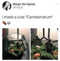 two pictures of halloween decorations with the caption made to look like tombstones and pumpkins