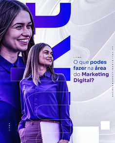 two women standing next to each other in front of a blue and white background with text that reads, que podedes fazerna area do marketing digital?