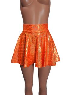 "Please measure yourself to choose the correct length Orange , Big shimmering round mermaid scale print spandex skater skirt 15\" shown on mannequin.High waist skirt can be worn lower or higher most skirts allow you to place the waistline where it suits you on your particular body shape and personal desire! this fun flirty skirt is a full circle design and can be ordered in lengths of 10 inch, 12 inch, 15 inch and 19 inch- if you need a longer length contact me for a quote. Any of my items can b Orange Mermaid, Skirt Circle, Shiny Skirts, Skater Skirts, Boho Men, Peplum Tops, High Waist Skirt, Rave Wear, Full Circle