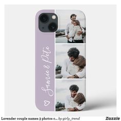 the phone case has three photos of a man and woman hugging each other with their arms around one another