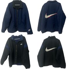 Pre Loved Nike Vintage 90 S Reversible Coat Jacket . Super Nice . Quilted / Puffer . 100% Polyester. Polyester Filling . Made Exclusively For Foot Action . Rare . Oversized Retro . Big Swoosh On Both Sides Of Back . Minimal Wear . Overall In Excellent Condition. Size Xl . Small Tear On Blue Side On Sleeve. Flat Lay Measurement 30 Inch , Length 30 Inch . Arm 25 Inch . Vintage Nike Puffer Jacket, Nike Streetwear Windbreaker With Double-lined Hood, Nike Vintage Long Sleeve Outerwear, Nike Nylon Windbreaker With Double-lined Hood, Black Fleece-lined Windbreaker For Streetwear, Nike Vintage, Reversible Coat, Vintage Nike, Nike Jacket