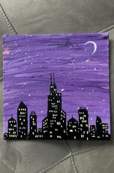 a painting of a city at night with the moon in the sky