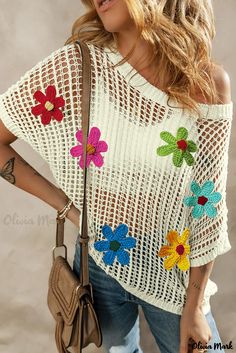 Olivia Mark - French Beige Crochet Flower Hollow-out Sweater T-Shirt with Delicate Light Design White Crochet Shirt, Batwing Sleeve Pattern, Knit T Shirt, Crochet Colorful, Crochet Summer Tops, Summer Sweaters, Crochet Shirt, Loose Knit, Unique Crochet