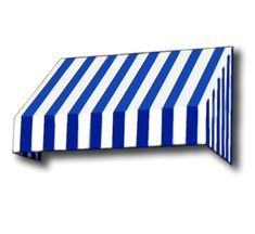 a blue and white striped awning on a white background with clipping for text