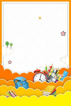 an orange background with school supplies and a clock on the bottom right hand corner, surrounded by clouds