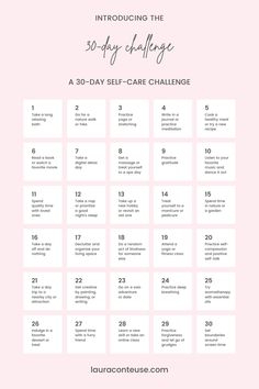 a pin that says in a large font A 30-Day Self-Care Challenge 30 Day Feminine Challenge, Self Love Monthly Challenge, Challenge To Better Yourself, August Challenge Self Care, 31 Day Wellness Challenge, 75 Self Care Challenge, Pinterest 30 Day Challenge, 30 Day Selfcare Challenge, Happiness Challenge 30 Day