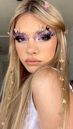 Fairy Hair And Makeup Ideas, Fairy Vibes Makeup, Ethereal Costume Halloween, Purple Fairy Makeup Halloween, Pretty Halloween Makeup Looks Fairy, Fairy Makeup Looks Halloween, Spring Fairy Makeup, Fairy Face Makeup, Autumn Fairy Makeup