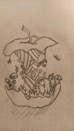 a drawing of an apple with a pirate ship on it's side and other things in the background