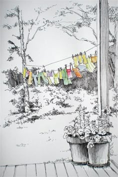 a drawing of clothes hanging on a line next to a potted plant with flowers