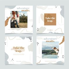 four square brochures with photos and text on them