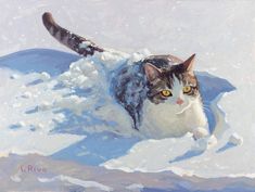 a painting of a cat laying in the snow