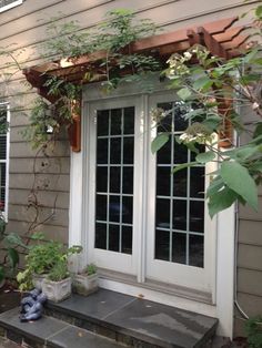 an outside view of a house with plants growing on the front door and window sill