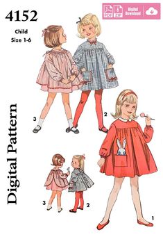 "Vintage sewing pattern from 1961 Vintage sewing pattern from 1961. This is cute 1960s Smock Dress / Top for a little girl. The original pattern had been graded by me according to Simplicity grading rules.  Child's yoke smock and drawstring smock -- Transfer included: V. 1 and 2 smock is gathered to yoke and has back button closing. Long set-in sleeves have elastic in casing at lower edges. V. 1 has contrasting collar and embroidered appliqué above pocket. V. 2 has pockets and beast tape and lac Smock Pattern, Simplicity Patterns Vintage, Girls Smocked Dresses, Simplicity Dress, Girls Smock, Couture Vintage, Simplicity Patterns, Moda Vintage, Toddler Kids