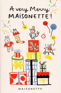 a very merry maisonettee card with lots of presents on top of each other