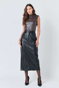 Be sleek and stylish in our Faux Leather Maxi Skirt. Made from durable faux leather this skirt offers a timeless and classic look. It features a high-waisted silhouette a full-length maxi hem and a trendy slit at the center back. Make any look go from drab to fabulous with this versatile and eye-catching skirt. With its sophisticated and timeless design this skirt will become a staple in your closet. Be sure to get yours now! Maxi length Faux leather Slit at center back High waisted Pockets Front zipper closure Hand wash cold Do not bleach Do not tumble dry Do not Iron Do not dry clean Shell: Base: 100% Polyester / Coating: 100% Polyurethane Lining: 80% Polyester 20% Cotton Contrast: 100% Polyester AY124K Total length: 35" Waist: 27.5" S BLACK: Height 5'9" / Bust 34" / Waist 26" / Hip 35" Maxi Leather Skirt, Leather Maxi Skirt, Jumpsuit Fall, Knitwear Trends, Leather Bodysuit, Tweed Dress, Blazer And Shorts, Content Ideas, The Drama