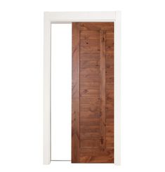 a wooden door with white frame and wood paneling on the bottom part of it