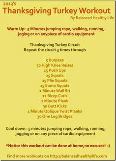 the thanksgiving turkey workout plan is shown with instructions for how to do it and what to use