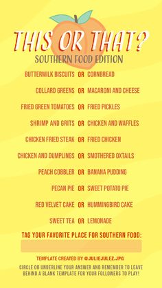 the menu for this or that? southern food edition is shown in red and yellow