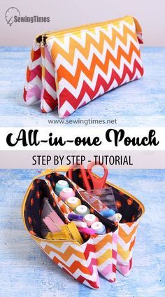 the zippered pouch is filled with sewing supplies and has an all - in - one pouch