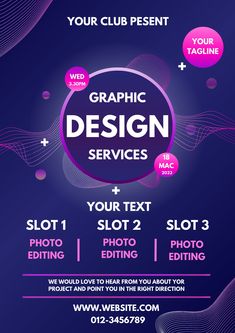 a flyer for graphic design services with purple waves and circles on the front, along with text