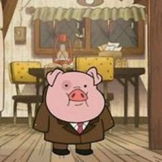 a pig in a suit and tie standing on a wooden floor next to a table