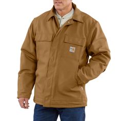 When the hazards are high and the temperature's low, this men's quilt-lined coat has your back. It's made from heavyweight cotton duck that's flame-resistant, wind-resistant, and warm. Extra details include shoulder straps for your radio and snaps under the collar to attach a hood.13-ounce, 100% cotton FR duck11.5-ounce FR quilted twill lining; FR modacrylic batting insulation for warmthMeets the performance requirements of NFPA 70EUL® classified to NFPA 2112Carhartt FR and NFPA 2112/CAT 4 label Carhartt Coats, Duck Jacket, Traditional Jacket, Work Coat, Man Quilt, Safety Clothing, Carhartt Mens, Tall Guys, Big And Tall