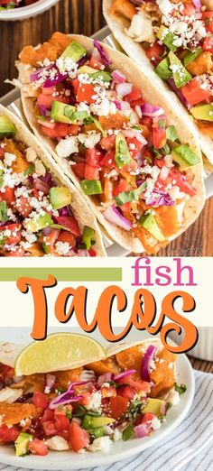 fish tacos with avocado, tomatoes and cilantro on the side