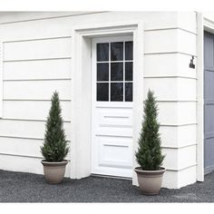 two potted trees sitting in front of a white door