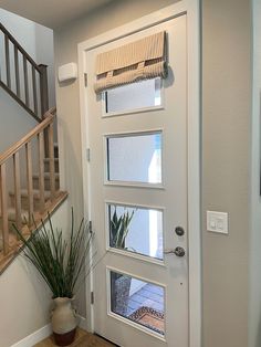 a white door with three windows and a potted plant on the floor next to it