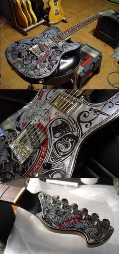 an electric guitar with intricate designs on it