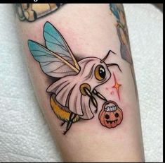 The Boo Bee Halloween Tattoo Sleeves, Spooky Animal Tattoos, Ghost Bee Tattoo, Boo Bees Tattoo, Bee Knee Tattoo, Traditional Bee Tattoo, Honey Bee Tattoo Ideas, Bees Knees Tattoo, Jay Tattoo