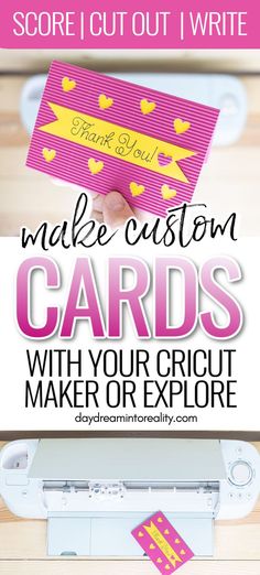 a person holding up a card with the words make custom cards with your cricut maker or explore