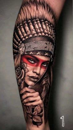 a woman with red eyes and headdress on her arm