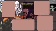 a collage of photos with skeletons and pumpkins on them in the background is a skeleton holding a jack - o'- lantern